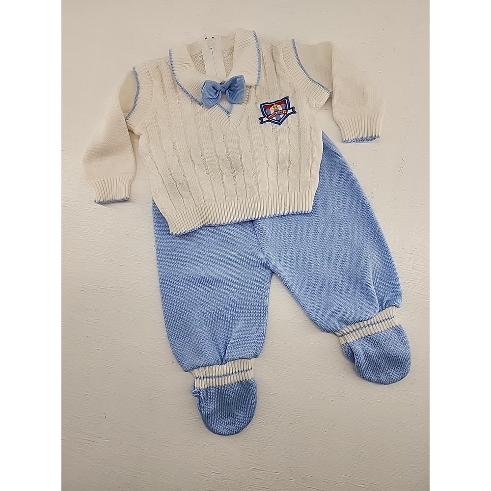 Unbranded 3-6 Months Blue White Cable Knit Sweater Pants Bow Tie Set Preppy Kids